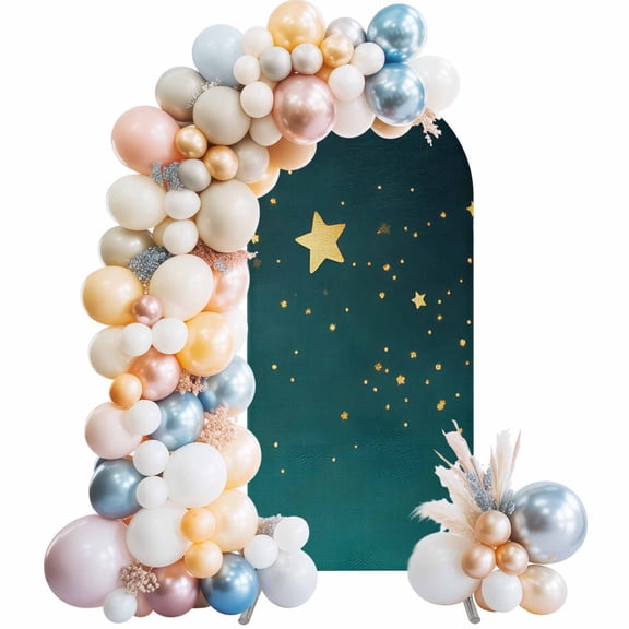 Yellow Teal Star Arch Backdrop Cover, Spandex Fitted Wedding Arch Cover, Elegant Sky Star Art Round Top Stand Covers for Birthday Ceremony Bridal Shower Party Decor 6.6x3.3 Ft