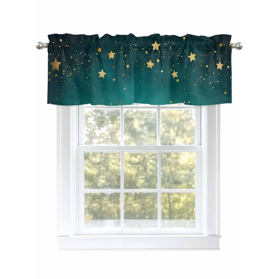 Yellow Teal Star Curtain Valances for Windows, Elegant Sky Star Art Kitchen Valance Window Treatment, Light Filtering Block Curtains for Bathroom/Bedroom/Living Room 42'' x 12''
