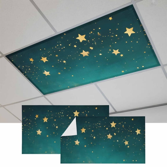 Yellow Teal Star Magnetic Fluorescent Light Covers for Ceiling Lights 2 x 4 Feet, Elegant Sky Star Art Office Classroom Kitchen Drop Ceiling Light Covers Lighting Filters Shade Panel 2 Packs