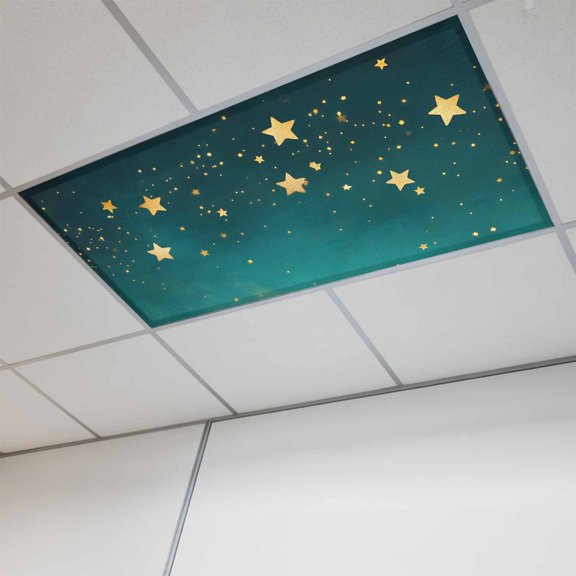 Yellow Teal Star Magnetic Fluorescent Light Covers for Ceiling Lights 2 x 4 Feet, Elegant Sky Star Art Office Classroom Kitchen Drop Ceiling Light Covers Lighting Filters Shade Panel 1 Pack