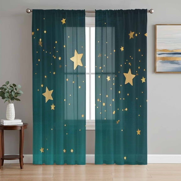 Yellow Teal Star Sheer Curtains 63 Inch Length 2 Panels Set, Elegant Sky Star Art Voile Window Treatment Rod Pocket Curtains Sheers Drapes for Bedroom/Living Room/Kitchen 52x"63"x2