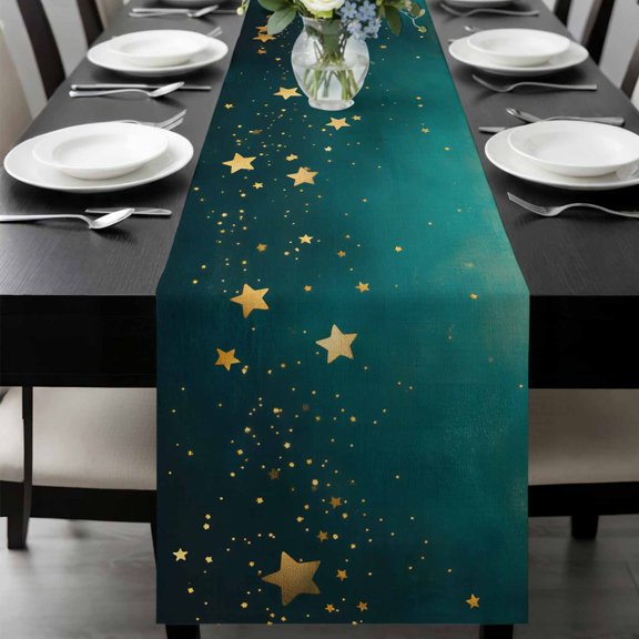 Yellow Teal Star Table Runner 36 Inches Long, Elegant Sky Star Art Kitchen Coffee Dining Table Decoration for Home Party Birthday Wedding Home Decor 13x36 Inches