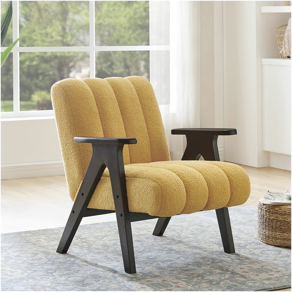 Yellow Teddy Sherpa Accent Chair, Modern Upholstered Armchair with Espresso Wood Frame for Living Room, Cozy Reading Chair