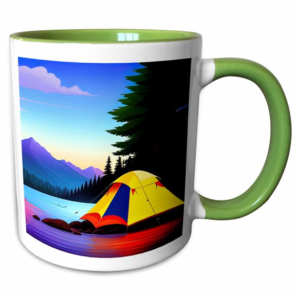 3drose, Yellow Tent by the Mountain Lake, Red Shadows. Evening. Happy Camper, 11oz Two-tone Green Mug