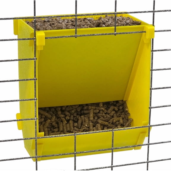 Yellow Texas USA Made 6-Inch Cage Hanging Rabbit Feeder with ID Tag for Rabbit Pellet Feed with a Sifter Base