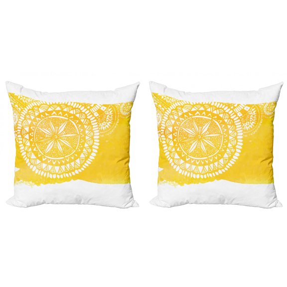Ambesonne Yellow Throw Pillow Cover 2 Pack, Mandala Oriental Ethnic, 18", Yellow White