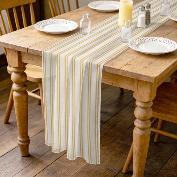 Yellow Ticking Stripe 10ft Cheesecloth Table Runner for Wedding 27"x120", Rustic Vertical Lines Khaki Kitchen Dinner Sheer Tulle Chiffon Dresser Scarf, Holiday Party Decorations