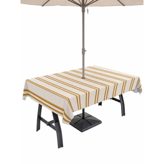Yellow Ticking Stripe Outdoor Rectangle Tablecloth with Umbrella Hole 60"x84", Minimalist Vertical Lines Khaki Waterproof Zippered Table Cloth Wrinkle Free Wipeable Desk Covers for Patio Party
