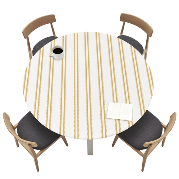 Yellow Ticking Stripe Round Fitted Table Cover Classic Vertical Lines White Waterproof Table Cloth with Elastic Edge Wipeable Tablecloth for Picnic Camping Party Fits 36"-44" Tables