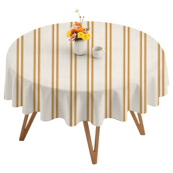 Yellow Ticking Stripe Round Tablecloth 54 inches Minimalist Vertical Lines Khaki Waterproof Oil-Proof Table Cloth Round Table Cover for Holiday Party Picnic Dinner Decor Indoor and Outdoor Use