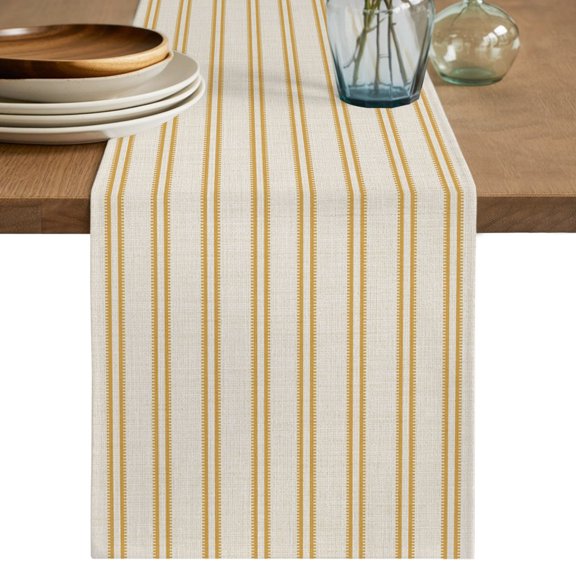 Yellow Ticking Stripe Table Runner, Rustic Vertical Lines Khaki Cotton Linen Table Cloth, Tablerunner for Kitchen Dining Party Wedding Home Decor 13x36 Inch