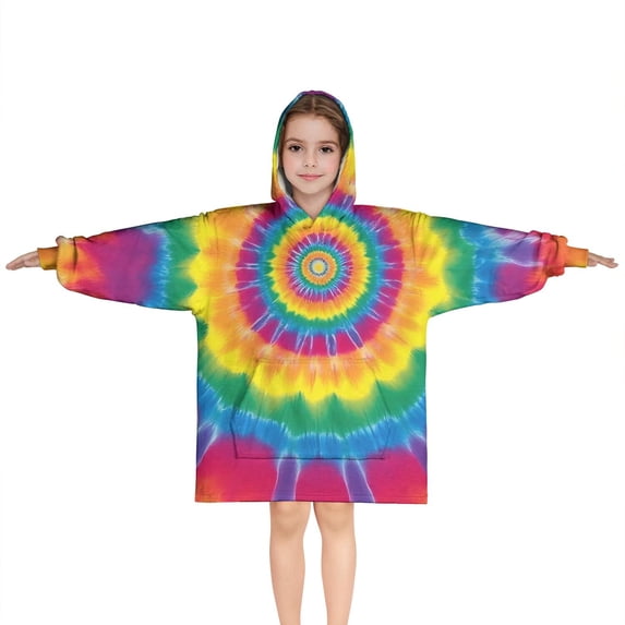Yellow Tie Dye Spiral Pattern Blanket Hoodies for Kids 6-13YR Oversize Wearable Blanket Hoodies for Boys Girls Teens