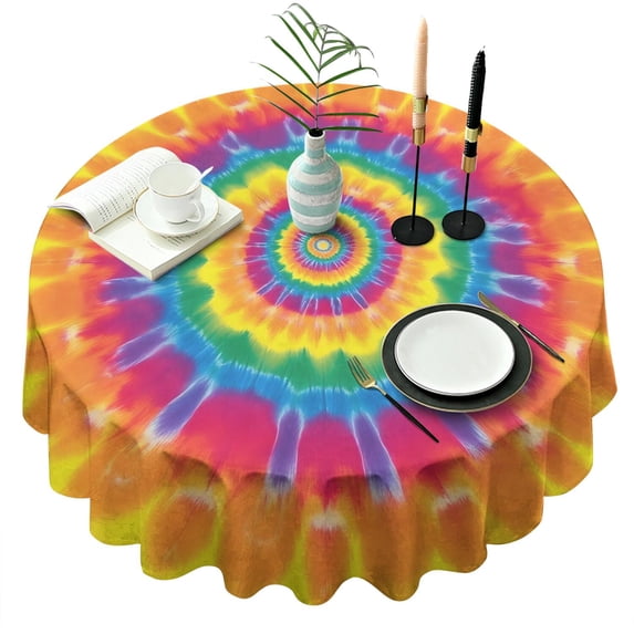 Yellow Tie Dye Spiral Pattern Round Tablecloth 60"x60",Wrinkle Wipeable Table Cloth for Kitchen Dining Room Picnic Patio Party