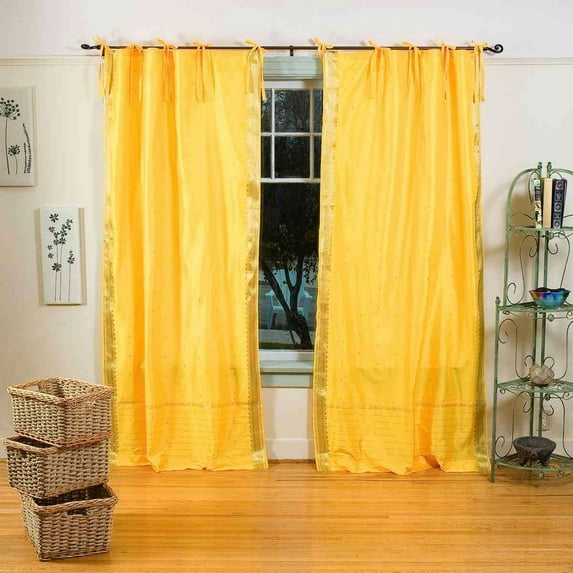 Yellow Tie Top Sheer Sari Curtain / Drape / Panel - 80W x 96L - Piece