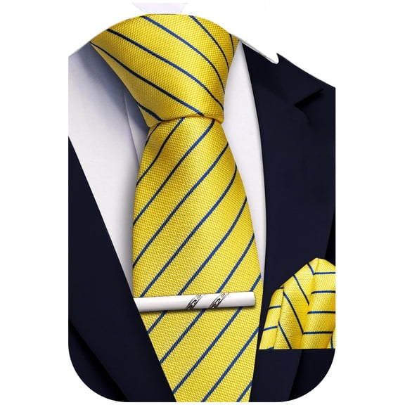 Yellow Ties for Men Extra Long Tie Pocket Square Tie Clip Set Silk Striped 63" XL Big and Tall Necktie Business Formal