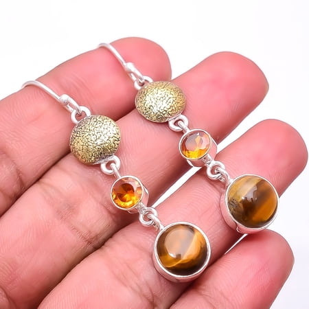 Yellow Tiger Eye, Citrine 925 Sterling Silver Two Tone Earring 2.15" E3, New Year Sale, Valentin's Day Gift