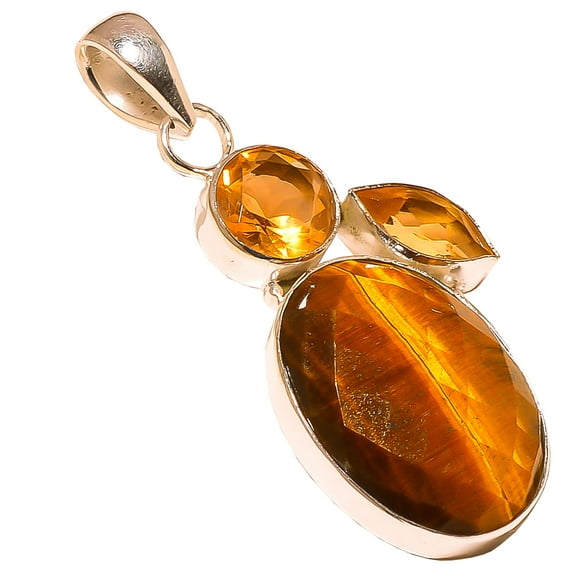 Yellow Tiger'S Eye & Citrine 925 Sterling Silver Pendant Size 2.10"Natural Pendant, Yellow Pendant, 925 Silver Pendant, Tiger Eye Pendant, Oval Pendan