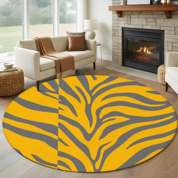 Yellow Tiger Striped Round Area Rug 6Ft Washable Circle Rugs for Bathroom Office, Animals Fur Abstract Art Non-Slip Carpet Floor Mats Indoor Outdoor Carpet Runner Aesthetic Home Decor