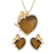 SHOP LC Yellow Tigers Eye Cubic Zirconia CZ Heart Goldtone Earrings Pendant Necklace Set for Women Jewelry Size 20-22" Ct 4.92 Birthday Christmas Gifts for Women