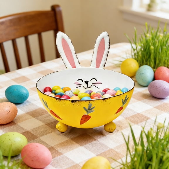 Yellow Tin Bunny Shaped Candy Bowl, Metal Decorative Storage Container, Holiday Gift Serving Dish, 23x15cm Sturdy Construction with Vintage Finish, for Tabletop, Mantel