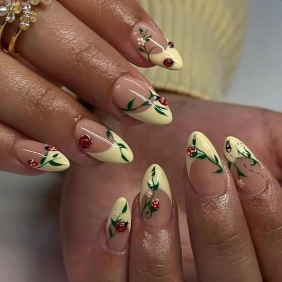 Yellow Tip Press Nails Almond Nails with Ladybug Green Leaves Design Short False Press ons Artificial Full Cover Stick Nails for Women Spring Summer Manicure 24 count