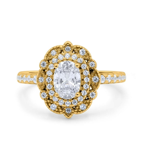 Yellow Tone, Cubic Zirconia Size-9 Art Deco Accent Oval Wedding Ring 925 Silver