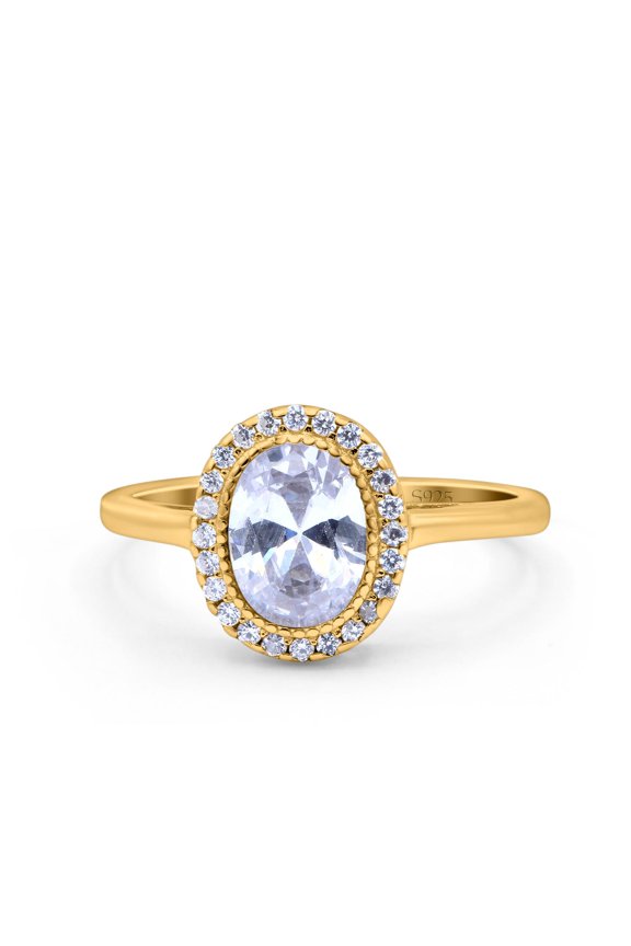 Yellow Tone, Halo Art Deco Oval Wedding Engagement Bridal Ring 925 Sterling Silver