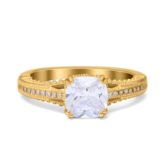 Yellow Tone, Simulated Cubic Zirconia Size-10 Cushion Cut Art Deco Engagement Ring 925 Sterling Silver