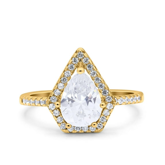 Yellow Tone, Simulated Cubic Zirconia Size-10 Halo Art Deco Solitaire Accent Pear Wedding Engagement Bridal Ring Band 925 Sterling Silver