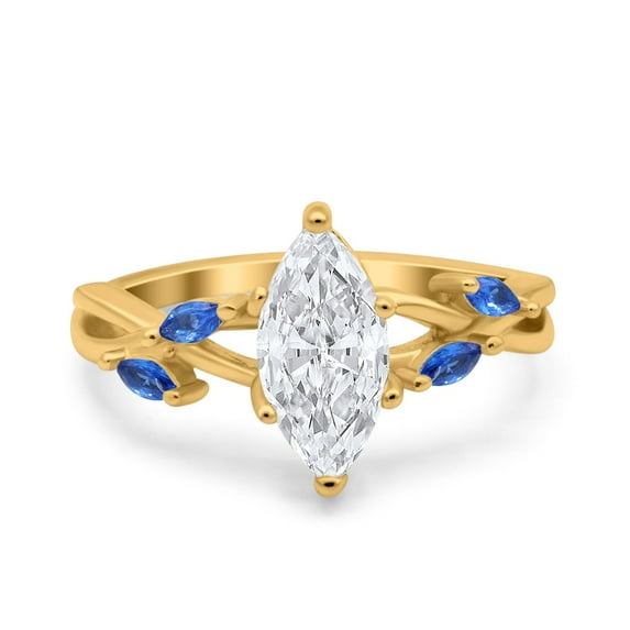 Yellow Tone, Simulated Cubic Zirconia Size-10 Infinity Twist Blue Sapphire Marquise Art Deco Engagement Wedding Bridal Ring 925 Sterling Silver