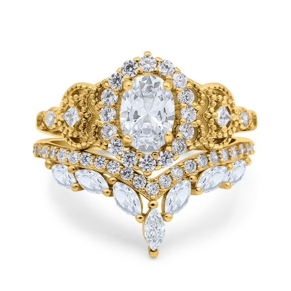 Yellow Tone, Simulated Cubic Zirconia Size-10 Marquise Art Deco Wedding Engagement Bridal Two Piece Ring Band Oval Accent Vintage 925 Sterling Silver