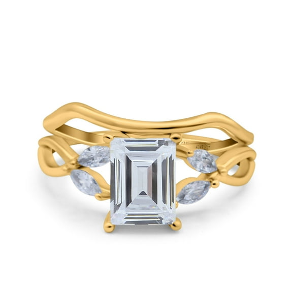 Yellow Tone, Simulated Cubic Zirconia Size-10 Two Piece Art Deco Emerald Cut Wedding Engagement Ring Marquise 925 Sterling Silver