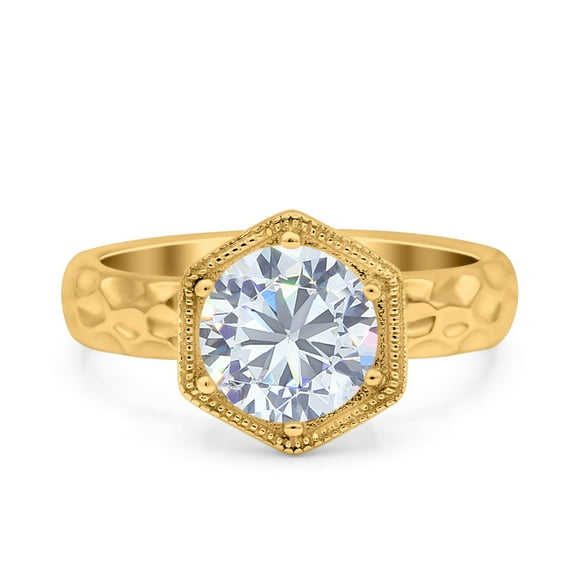 Yellow Tone, Simulated Cubic Zirconia Size-5 Art Deco Engagement Bridal Ring Hammered Finish Hexagon Round 925 Sterling Silver