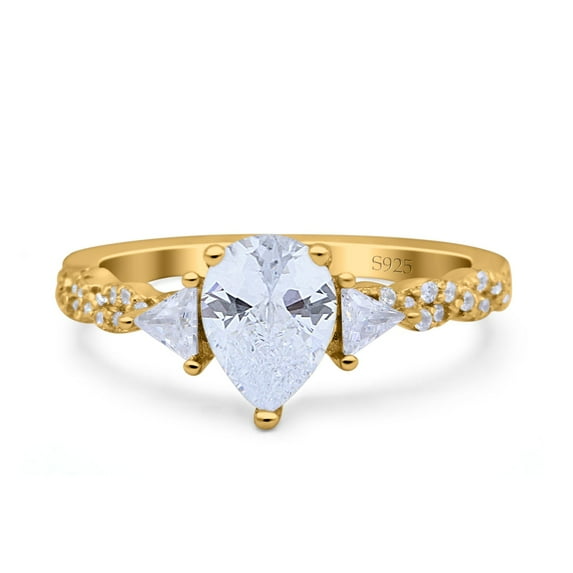 Yellow Tone, Simulated Cubic Zirconia Size-5 Art Deco Pear Shape Wedding Engagement Bridal Ring Triangle 925 Sterling Silver