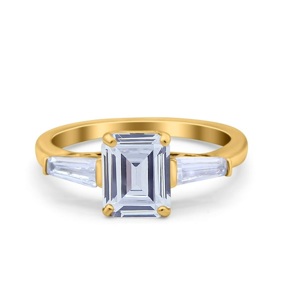 Yellow Tone, Simulated Cubic Zirconia Size-5 Art Deco Wedding Bridal Engagement Ring Emerald Cut 8mmx6mm Baguette Ring 925 Sterling Silver