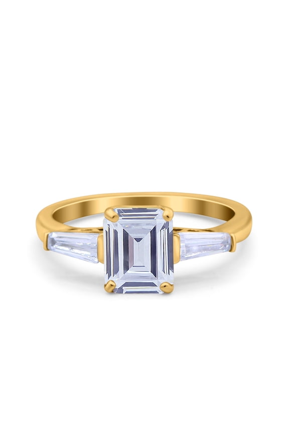 Yellow Tone, Simulated Cubic Zirconia Size-5 Art Deco Wedding Bridal Engagement Ring Emerald Cut 8mmx6mm Baguette Ring 925 Sterling Silver