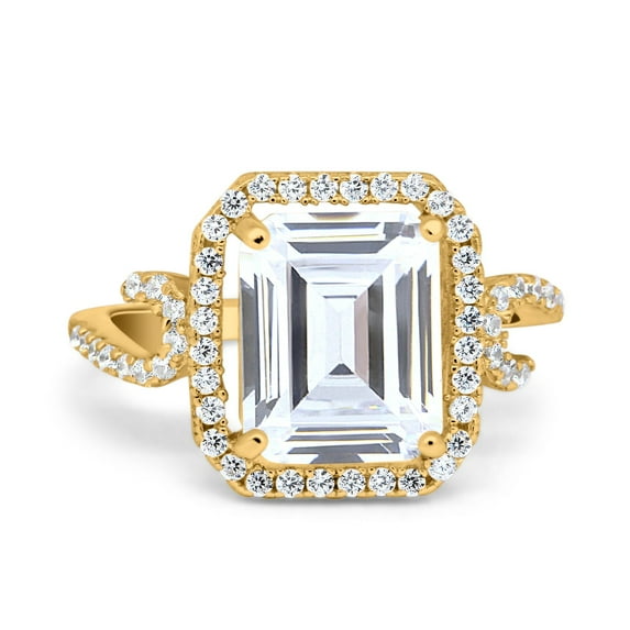 Yellow Tone, Simulated Cubic Zirconia Size-5 Halo Radiant Cut Wedding Engagement Ring 925 Sterling Silver