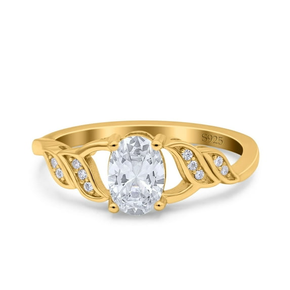 Yellow Tone, Simulated Cubic Zirconia Size-5 Oval Art Deco Wedding Engagement Bridal Ring 925 Sterling Silver