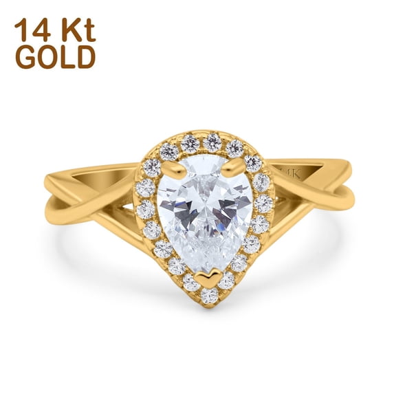 Yellow Tone, Simulated Cubic Zirconia Size-5 Teardrop Pear Halo Twist Infinity Shank Art Deco Engagement Wedding Bridal Ring 925 Sterling Silver