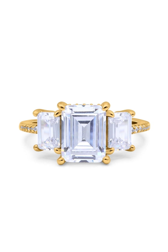 Yellow Tone, Simulated Cubic Zirconia Size-5 Three Stone Radiant Cut Wedding Engagement Bridal Ring 925 Sterling Silver