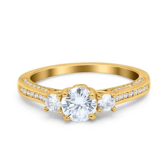 Yellow Tone, Simulated Cubic Zirconia Size-5 Three Stone Vintage Art Deco Engagement Bridal Ring 925 Sterling Silver