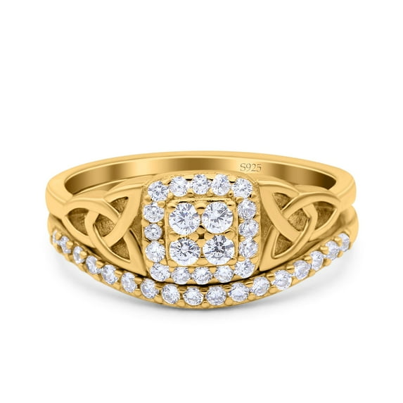 Yellow Tone, Simulated Cubic Zirconia Size-6 Celtic Bridal Set Two Piece Vintage Wedding Engagement Anniversary Ring Band 925 Sterling Silver