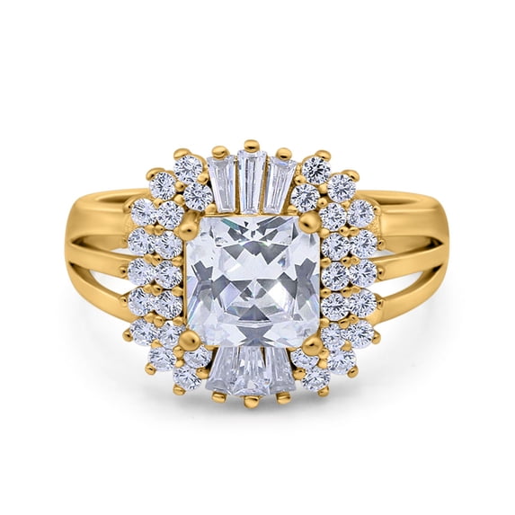 Yellow Tone, Simulated Cubic Zirconia Size-6 Cushion Cut Art Deco Wedding Engagement Bridal Ring Baguette Ring 925 Sterling Silver