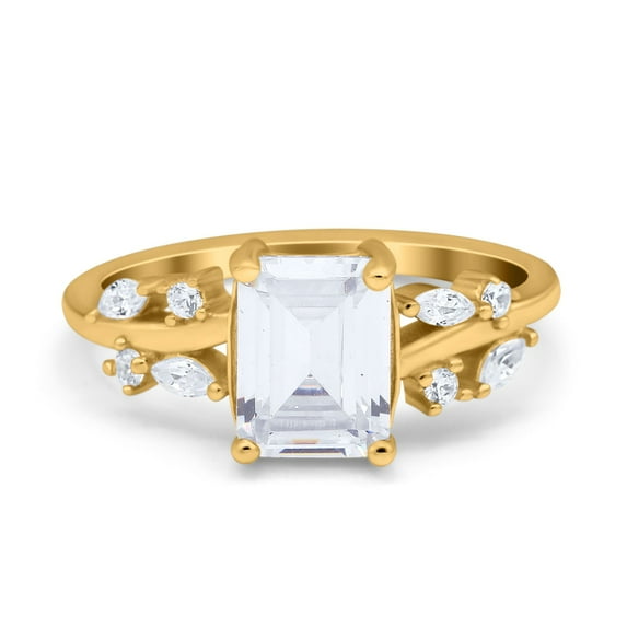 Yellow Tone, Simulated Cubic Zirconia Size-6 Emerald Cut Art Deco Engagement Wedding Bridal Ring Round Marquise 925 Sterling Silver