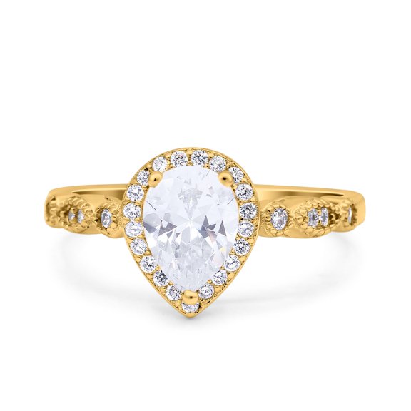 Yellow Tone, Simulated Cubic Zirconia Size-6 Halo Pear Shape Wedding Engagement Ring 925 Sterling Silver