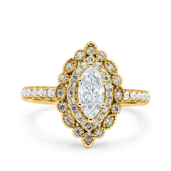 Yellow Tone, Simulated Cubic Zirconia Size-6 Halo Vintage Style Art Deco Solitaire Accent Marquise Wedding Engagement Ring 925 Sterling Silver