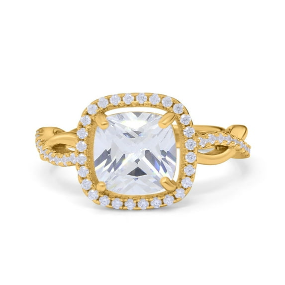 Yellow Tone, Simulated Cubic Zirconia Size-6 Infinity Shank Cushion Cut Art Deco Halo Engagement Ring 925 Sterling Silver