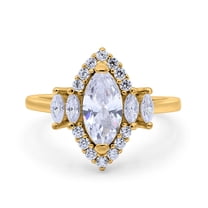 Yellow Tone, Simulated Cubic Zirconia Size-6 Marquise Cut Halo Vintage Art Deco Wedding Engagement Bridal Ring 925 Sterling Silver