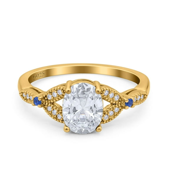 Yellow Tone, Simulated Cubic Zirconia Size-6 Oval Blue Sapphire Art Deco Wedding Engagement Bridal Ring Accent Vintage Round 925 Sterling Silver