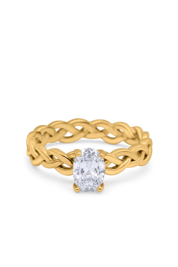 Yellow Tone, Simulated Cubic Zirconia Size-6 Oval Wedding Ring 925 Sterling Silver